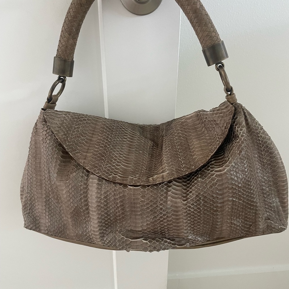 Taupe Genuine R&Y Augousti Snakeskin Bag -brass tone hardware ,with duster